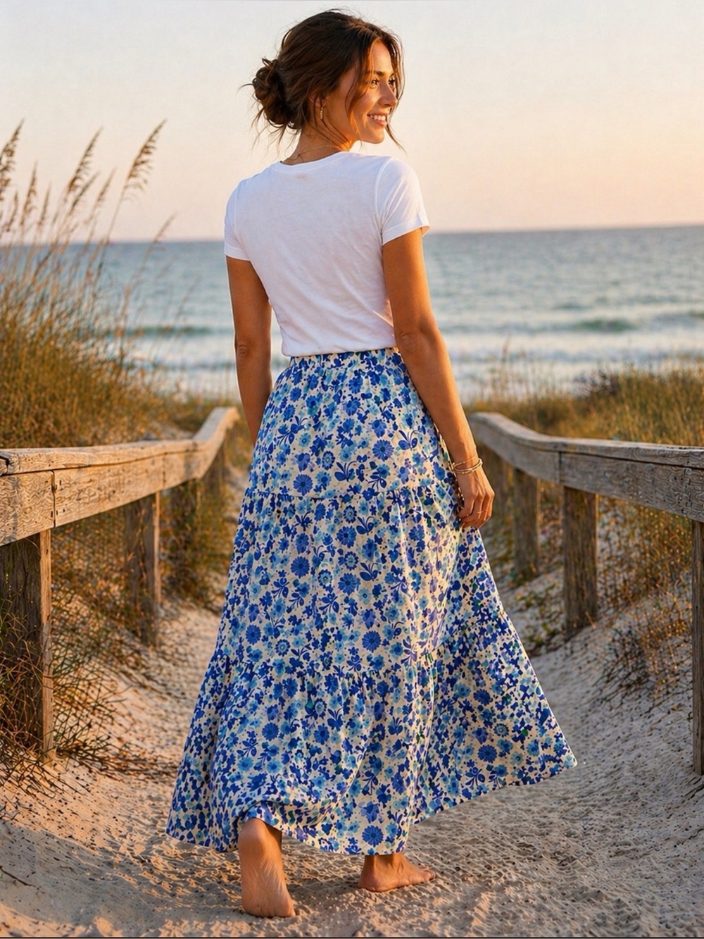Les Amis Blue White Floral Tiered Maxi Skirt Boho Coastal Summer ~ Size L ~ NWOT - Picture 2 of 6